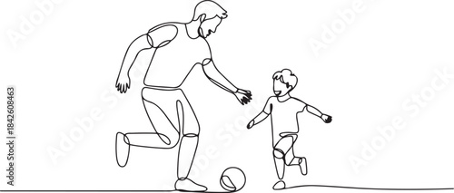 Single one line drawing son playing football with his father. Family time concept.one line vector illustration with out background.