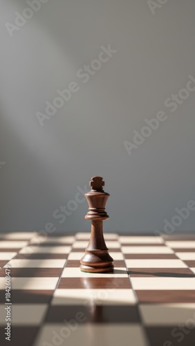 Strategic Leadership Concept - Wooden Chess King on Checkered Board with Dramatic Lighting and Copy Space, Photorealistic 8K Image