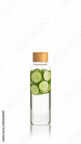 Refreshing Glass Water Bottle with Bamboo Cap, Cucumber Slices, and Water on White Background with Copy Space