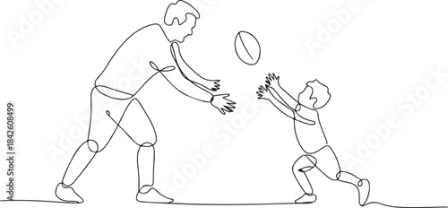 Single one line drawing son playing football with his father. Family time concept.one line vector illustration with out background.
