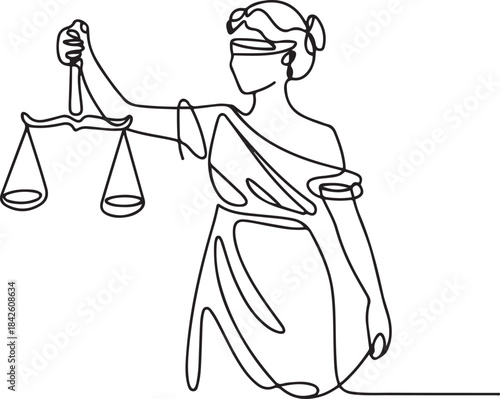 Themis statue holding scales balance  justice, law and order One Line Santa one line vector illustration with out background.