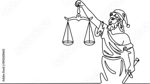 Themis statue holding scales balance  justice, law and order One Line Santa one line vector illustration with out background.