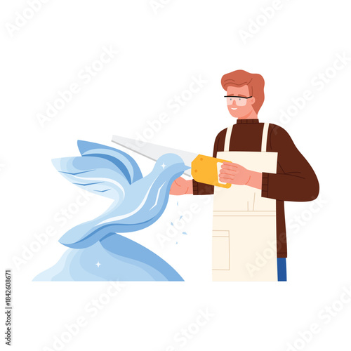 Sculptor with glasses and apron holding saw to make ice sculpture of flying bird vector illustration