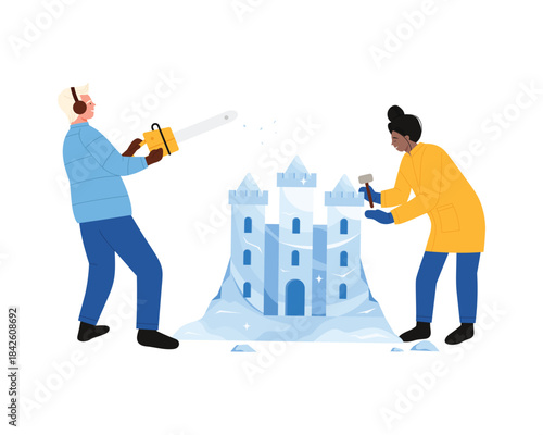 Man and woman sculptors holding saw and hammer to make medieval ice castle vector illustration