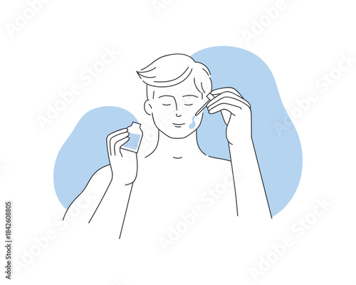 Young man holding dropper and bottle of serum or skincare oil before massage vector illustration