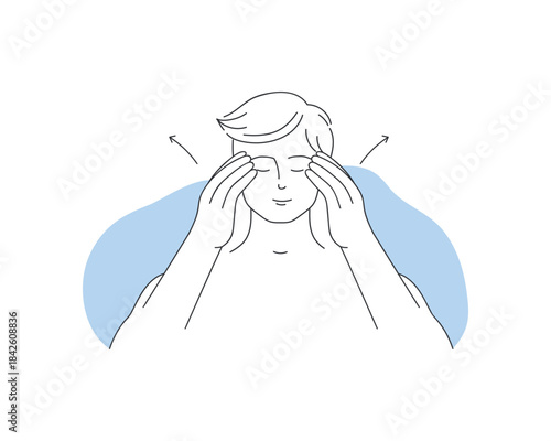Young man with eyes closed massaging skin on temples, beauty facial massage vector illustration
