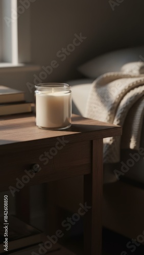 Tranquil Serenity - Single White Candle in Glass Jar on Bedside Table in Soft Evening Light for Relaxation and Home Decor, Photorealistic Image with Copy Space in Shadows