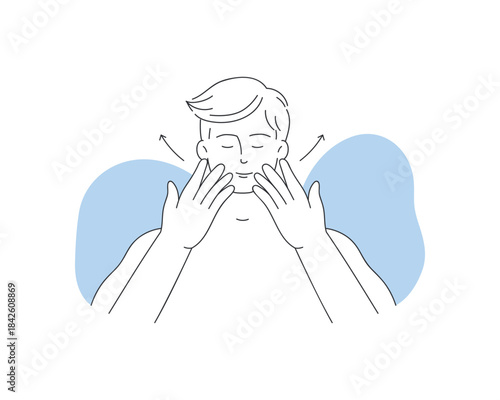 Young man with eyes closed massaging skin of cheeks along massage arrows vector illustration