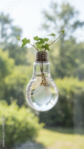 Ethereal Hydroponic Concept - Lightbulb Shaped Vase with Ivy Plant in Photorealistic Style Against Blurry Nature Background by the Window