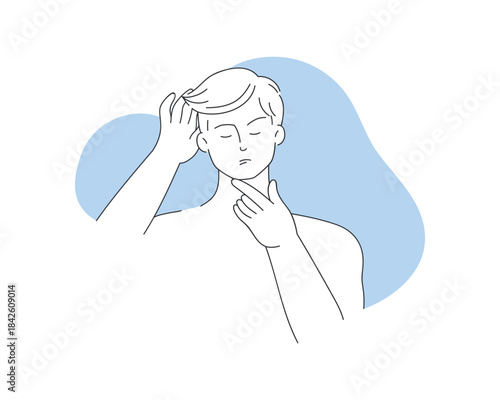 Young man holding strand of hair, male character thinking vector illustration