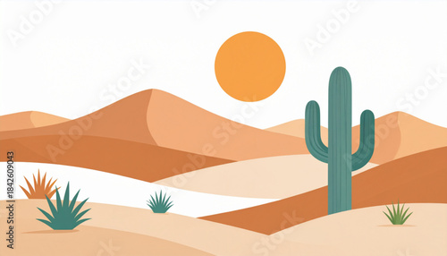 Minimalist Desert Landscape Vector Scene (Dunes, Cactus, Sun)