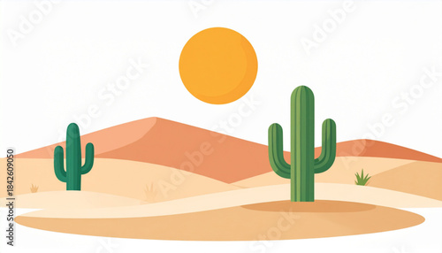 Minimalist Desert Landscape Vector Scene (Dunes, Cactus, Sun)