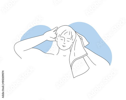 Young man drying hair with bath towel after shampooing in bathroom vector illustration