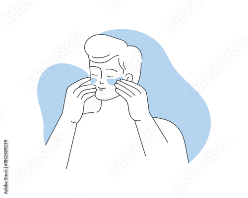Young man applying moisturizing patches to skin under eyes for hydration vector illustration