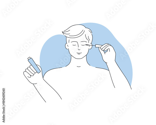 Young man applying mascara to eyelashes, daily makeup routine vector illustration
