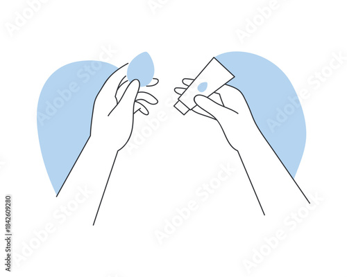 Hands holding beauty blender sponge and foundation in packaging before applying makeup vector illustration