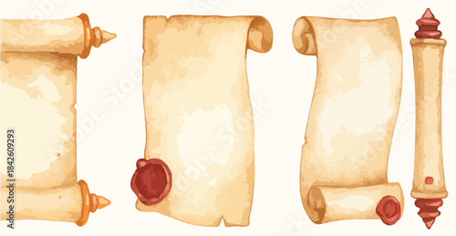 Watercolor Parchment Scroll Set – Vintage Papyrus Paper, Medieval Banner, Antique Manuscript Sheets.