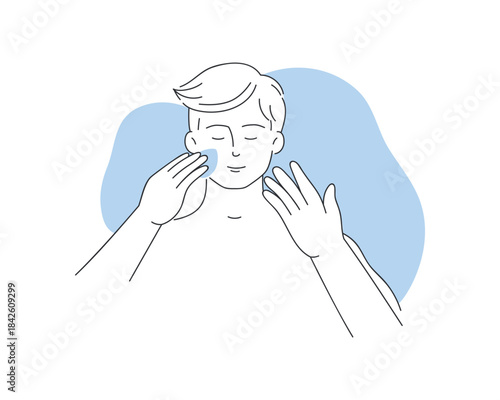Young man applying drop of foundation to facial skin with beauty blender sponge vector illustration