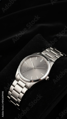 Elegant Silver Wristwatch with Metal Link Bracelet on Black Velvet Texture - Luxury Product Photography