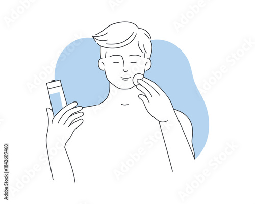 Young man holding cotton pad and bottle to apply toner to skin of face vector illustration