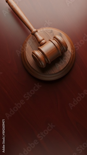 Legal Justice Concept: Wooden Gavel on Sound Block in Photorealistic Style on Mahogany Wood Background with Space for Text