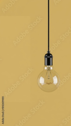 Glowing Ideas - Transparent Light Bulb with Filament on Mustard Yellow Background for E-Commerce Concept, Photorealistic 8K Image with Copy Space
