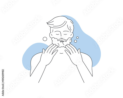 Young man shaving, grooming skincare beauty routine for beard vector illustration