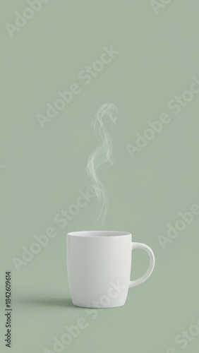 Contemporary White Ceramic Coffee Mug on Sage Green Background with Delicate Steam - Minimalist Ecommerce Stock Photo