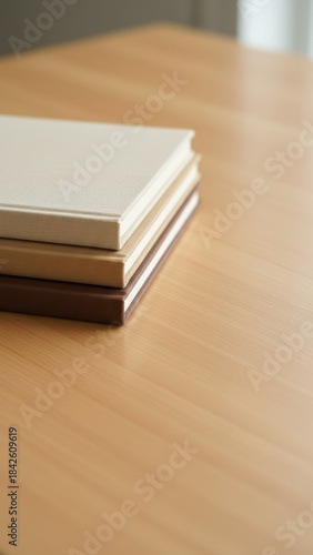 Luxurious Linen Hardcover Notebooks in Earth Tones on Wooden Table - Ecommerce Isolated Objects Image