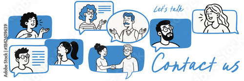 People communicating in illustrated speech bubbles for contact and conversation themes