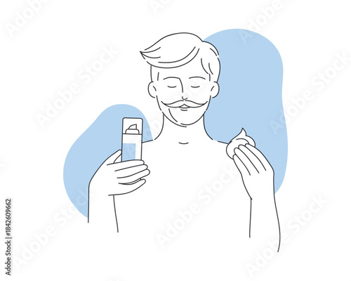Young man with mustache holding bottle of mousse cosmetic product to apply vector illustration