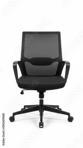 Modern Ergonomic Office Chair in Black Mesh Isolated on White Background with Studio Lighting and Ample White Space for Ecommerce Advertisement