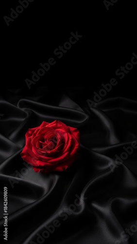 Exquisite Red Rose on Black Silk - Romantic and Luxurious Ecommerce Concept with Soft Lighting and Copy Space