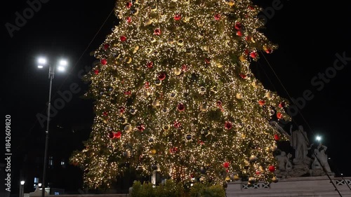 The majestic Christmas tree decorated with colored lights exposed on festive days for Christmas in the city.