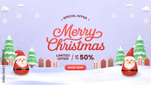 Merry Christmas Special Offer With Santa, Snow, And Festive Village Scene