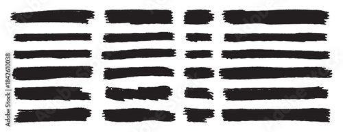 Set black brush lines highlighter design element. horizontal line brush