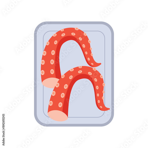 Plastic tray with octopus tentacles, top view of white rectangular container with seafood vector illustration