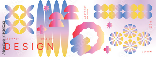 Abstract Gradient Poster Composition. Colorful Petal, Half Circle, Cluster and Star Shapes. Futuristic modern geometric layouts. Mesh Design elements for Poster, Background or Promo
