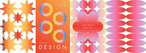 Abstract Gradient Poster Set with Colorful Star, Wavy Ring, Oval and Clover Shapes. Geometric shapes. Futuristic Mesh Design elements for Poster, Background