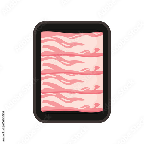 Plastic tray with thin bacon slices, top view of black rectangular container vector illustration