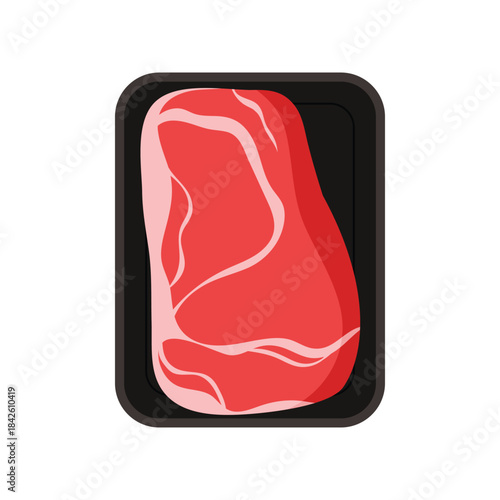 Plastic tray with streaky beef fillet, top view of black rectangular container and red meat vector illustration