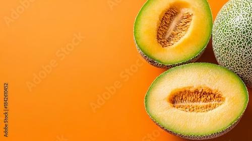 Fototapeta Naklejka Na Ścianę i Meble -  Cantaloupe Melon Halves on Orange Background