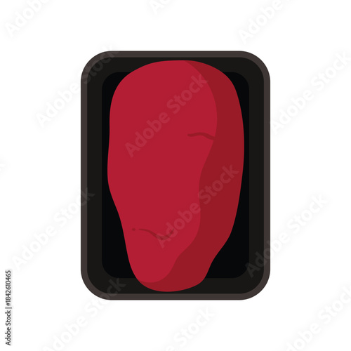 Plastic tray with beef fillet, top view of black rectangular container vector illustration