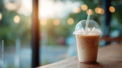 Transparent cup with iced coffee, latte, ice cubes visible, dome lid and straw, professional product mockup for branding, advertising, packaging or promotional design.	
