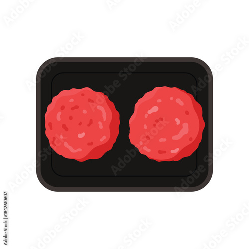 Plastic tray with raw meatballs from minced meat, top view of black rectangular container vector illustration