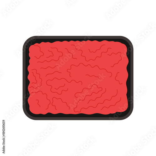 Plastic tray with ground beef meat, top view of black rectangular container vector illustration