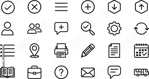 Minimal user interface line icon set featuring communication, navigation, settings, productivity, and essential digital symbols for modern apps and web design.