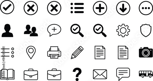 Modern minimal user interface icon set featuring communication, navigation, productivity, security, and essential digital symbols for apps, websites, and software design.