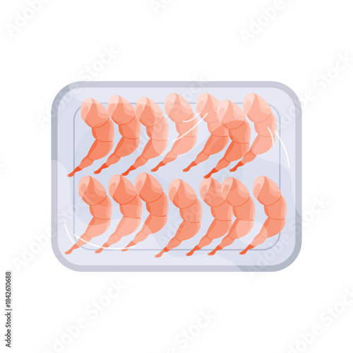 Plastic tray with two rows of peeled shrimp without heads, top view of white plate with film wrap vector illustration