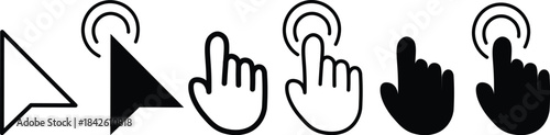 
Cursor mouse click icon set. Computer mouse click cursor gray arrow icons. hand pointer, click effect, arrow pointer, icons. Arrow click pixel cursor set. Mouse cursor pointer collection.
